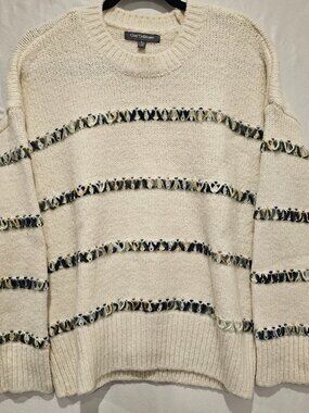 Grey Collective Textured Knit Sweater Women's L Cream Cross Stitch